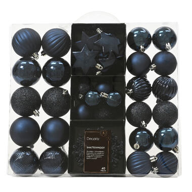 Decoris kerstballen en ornamenten - 40x - kunststof - donkerblauw - mix product