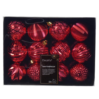 Decoris kunststof kerstballen luxe- 12x- 8 cm -rood product