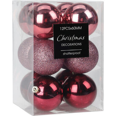 Christmas Decoration Kerstballen - 12x - roze - 6 cm - kunststof product