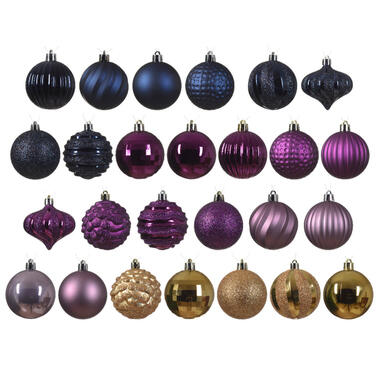 Decoris Luxe kerstballen - 30x - plastic - donkerblauw/goud/paars product