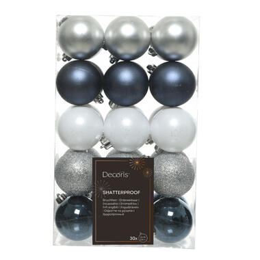 Decoris kerstballen - 30x -donkerblauw/wit/zilver 6cm -kunststof product