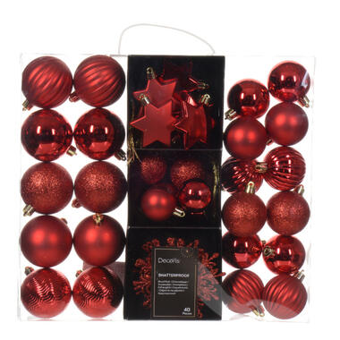 Decoris kerstballen en ornamenten - 40x - kunststof - rood - mix product