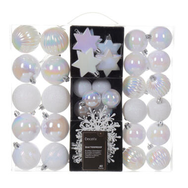 Decoris kerstballen en ornamenten - 40x - kunststof - parelmoer wit - mix product