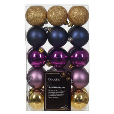 Decoris kerstballen -30x - goud/blauw/paars - 6 cm - kunststof product