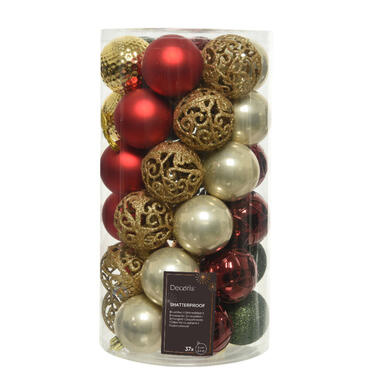 Decoris kerstballen - 37x -rood/goud/parel/groen 6 cm -kunststof product