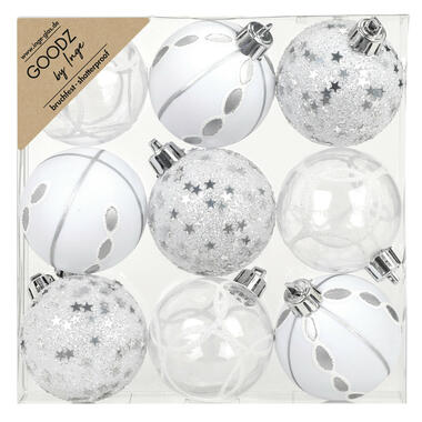 Inge Christmas Goodz kerstballen 9x - 6 cm -kunststof -zilver/wit product