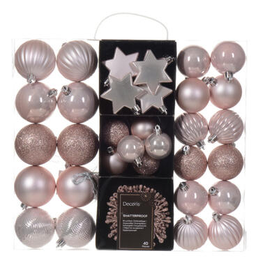 Decoris kerstballen en ornamenten - 40x - kunststof - lichtroze - mix product