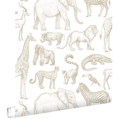 ESTAhome behang - jungle dieren - wit en beige - 0.53 x 10.05 m - 139690 product