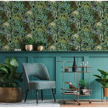 Livingwalls behang - jungle-motief - groen en zwart - 53 cm x 10,05 m - AS product