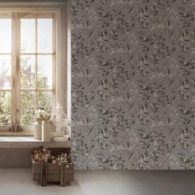 Livingwalls behang - bloemmotief - grijs, wit, zwart en beige - 53 cm x 10,05 m product