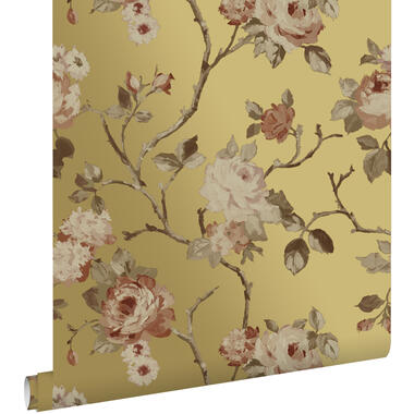 ESTAhome behang - vintage bloemen - goud en terracotta roze - 0.53 x 10.05 m product