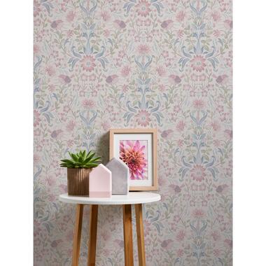 Livingwalls behang - bloemmotief - crème, blauw, roze en groen product