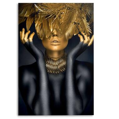 Glasschilderij - Woman with golden feathers - 116x78 cm Glas product