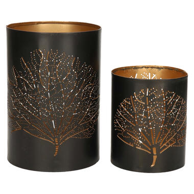Windlicht set Bamboe - 2x - zwart/goud - 10/15 cm - waxinelichthouder product