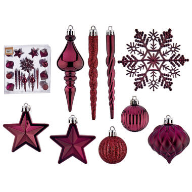 Krist+ kerstboom hangers - 32x stuks -wijn/bordeaux rood - plastic product