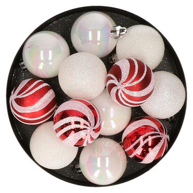 Atmosphera kerstballen 12x -kunststof - parelmoer wit/rood - 4 cm product