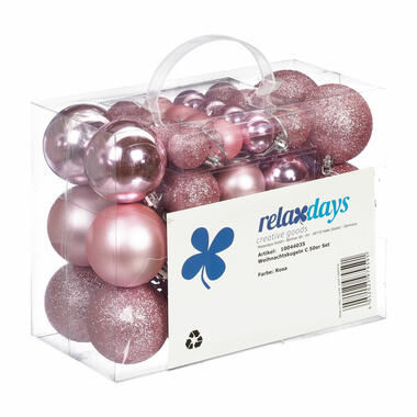 Relaxdays kerstballen - 50x - lichtroze - 3, 4 en 6 cm -kunststof product