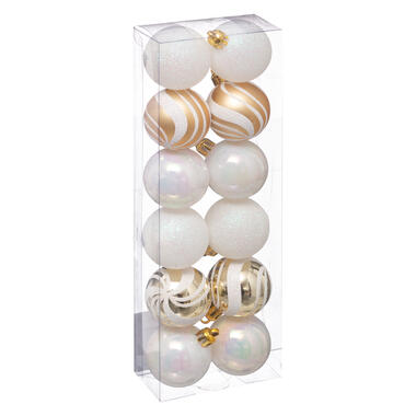 Atmosphera kerstballen 12x -kunststof - parelmoer wit/goud - 4 cm product