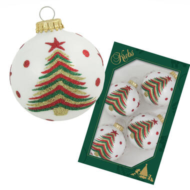 Krebs kerstballen - 4x stuks - wit met kerstboom - glas - 7 cm product