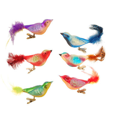 Krebs kerstboom vogels op clip - 6x st - gekleurd - glas - 11 cm product