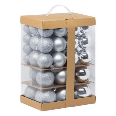 Feeric Kerstballen - 60ST - 4, 6, 7 en 8 cm - zilver - kunststof product