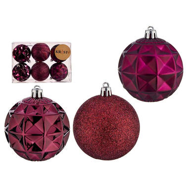 Krist+ luxe kerstballen - 6x stuks - bordeaux - kunststof - 7 cm product