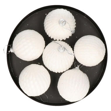 Krist+ luxe kerstballen - 6x stuks - wit relief - kunststof-6 cm product