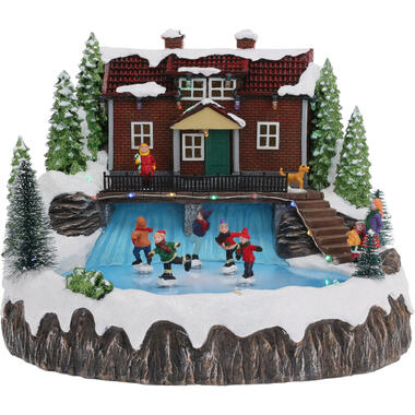 Christmas Decoration kerstdorp huis met schaatsers - 29 cm product
