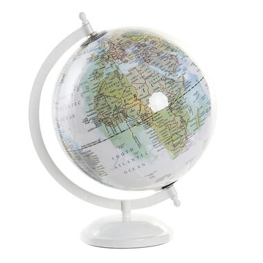 Items Deco Wereldbol/globe op voet - kunststof - wit - 20 x 28 cm product
