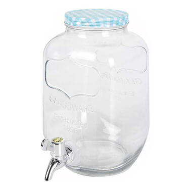 Glazen drankdispenser/limonadetap met blauw/wit geblokte dop 4 liter product