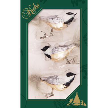 Krebs Vogels - decoratief glas - 3x - op clip - wit-goud-zwart - 11 cm product