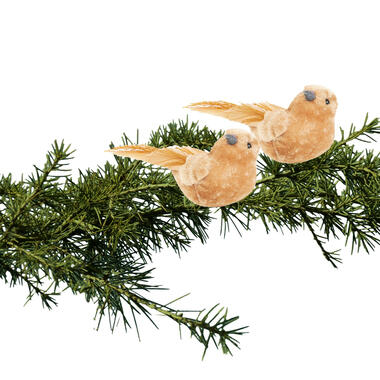 2x stuks kunststof decoratie vogels op clip caramel bruin 12 cm product