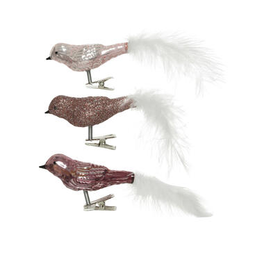 Decoris Vogels - 3x - decoratief glas - op clip - roze - 8 cm product