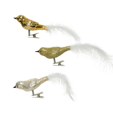 Decoris Vogels - 3x - decoratief glas - op clip - goud - 8 cm product