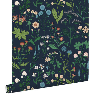 ESTAhome behang - veldbloemen - inktblauw en groen - 0.53 x 10.05 m - 139844 product