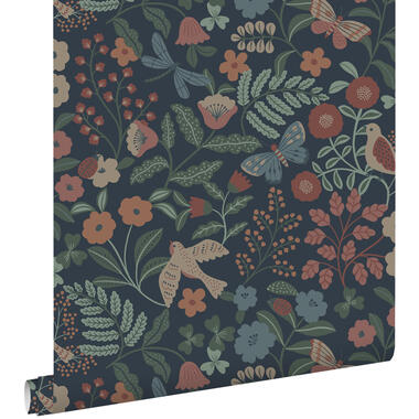 ESTAhome behang - bloemen en vogels - donkerblauw, roze en groen - 50 x 900 cm product