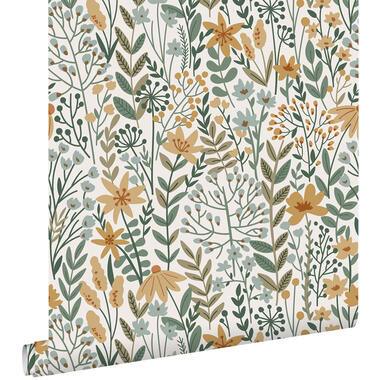 ESTAhome behang - veldbloemen - grijsblauw, okergeel en groen - 50 x 900 cm product