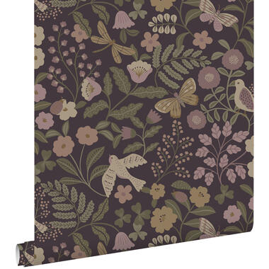 ESTAhome behang - bloemen en vogels - aubergine paars, olijfgroen en lila paars product