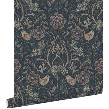 ESTAhome behang - bloemen en vogels - donkerblauw en oudroze - 50 x 900 cm product