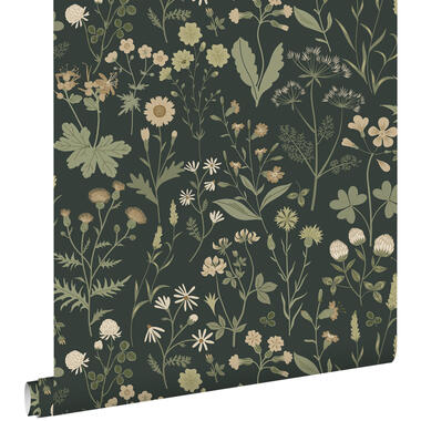 ESTAhome behang - veldbloemen - antraciet grijs en groen - 50 x 900 cm - 139843 product