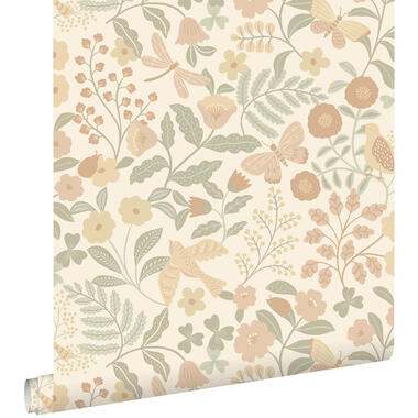 ESTAhome behang - bloemen en vogels - beige, groen en zacht roze - 50 x 900 cm product