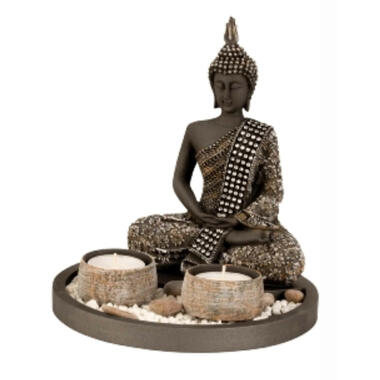 Boeddha beeldje met kaarshouders op schaal - goud/zwart - 18 x 21 cm product