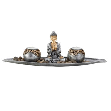 Boeddha beeldje met 2 kaarshouders op schaal - zilver - 30 x 11 cm product