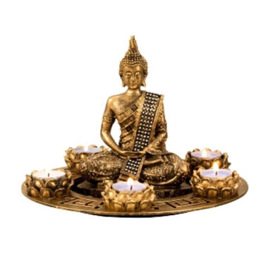 Boeddha beeldje met 5 kaarshouders op schaal - goud - 27 x 20 cm product