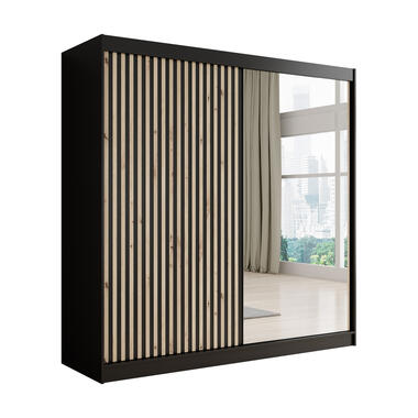 Meubella Kledingkast Lisbon 2 - Zwart - 200 cm - Met spiegel product