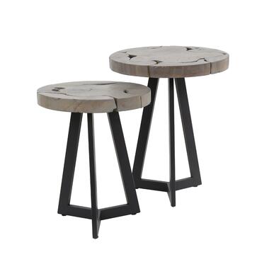 Bijzettafel Rond - Grijs Teakhout - Set Van 2 - 40x40x50cm product