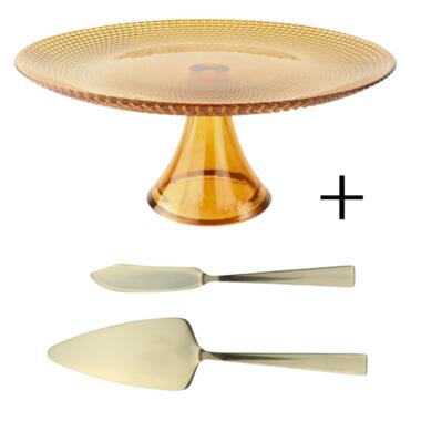 OTIX Taartplateau met Taartschep Goud met Voet 28cm Amber Kleur Glas product