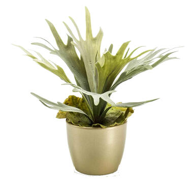 Emerald Kunstplant Staghorn varen - groen - in gouden pot - 38 cm product