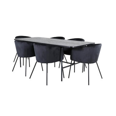 Hioshop UnoBL eethoek eetkamertafel zwart en 6 Berit eetkamerstal velours product