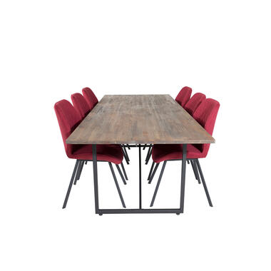 Hioshop Padang eethoek eetkamertafel teakhout en 6 Gemma eetkamerstal rood product